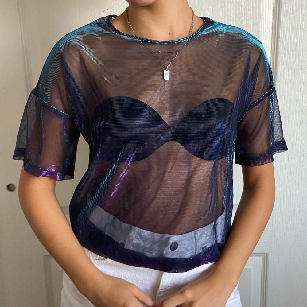 short sleeved metallic mesh shirt